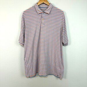 Peter Millar Seaside Mens Striped Short Sleeve Golf Polo Shirt Coral Blue Large